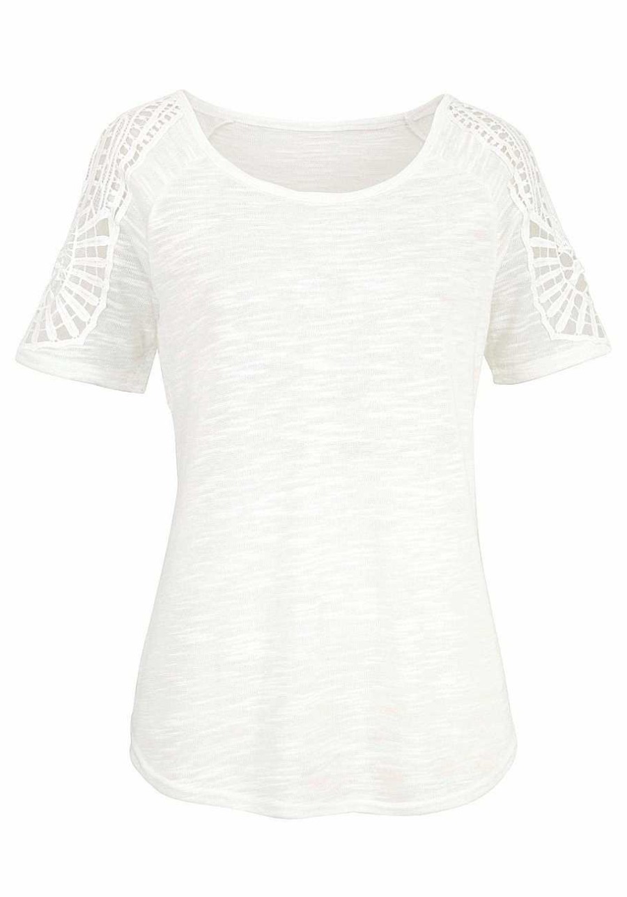 Clothing Lascana Short Sleeve Tops | Crochet Cold Shoulder Top Cream