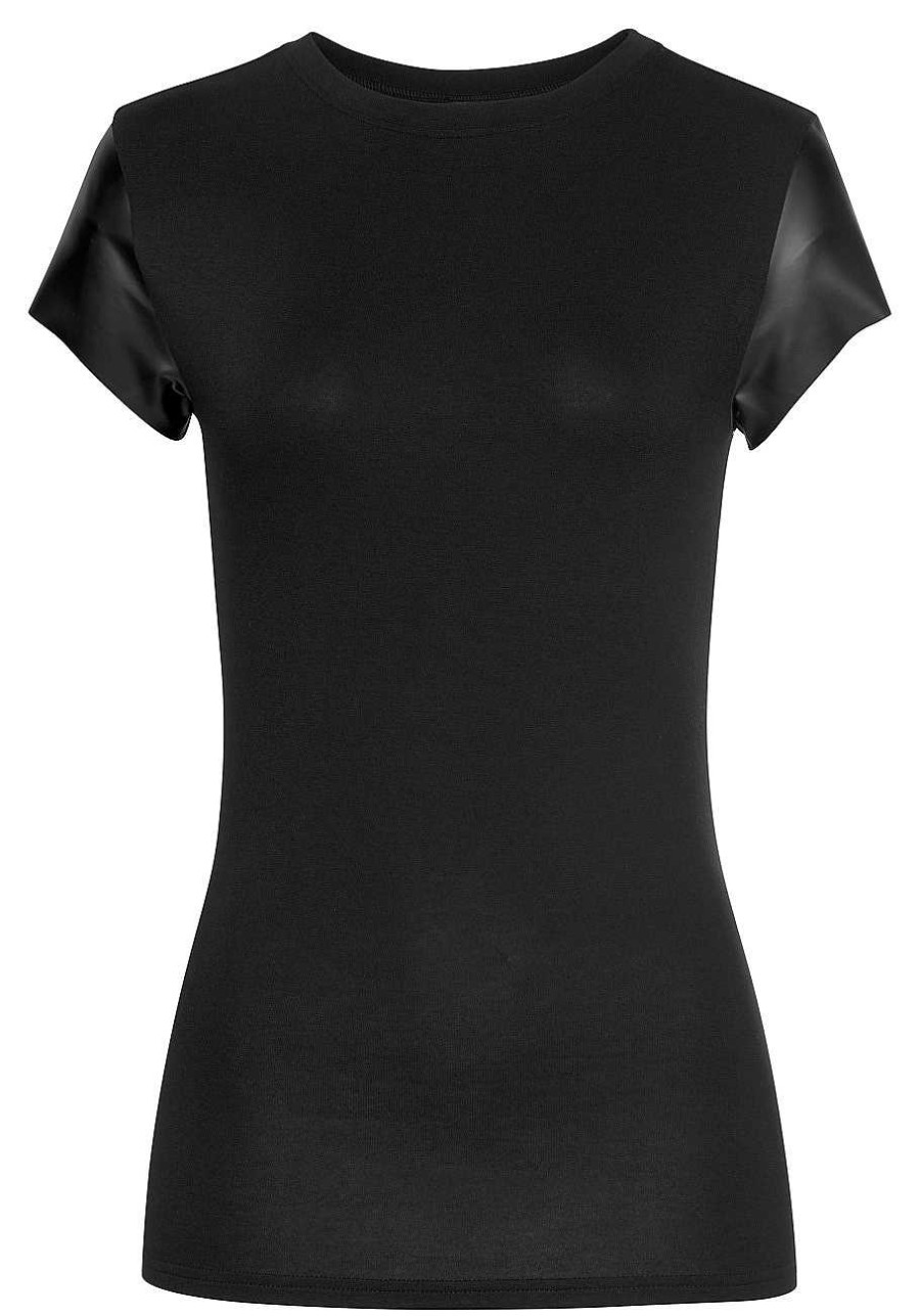 Clothing Lascana Short Sleeve Tops | Faux Leather Cap Sleeve Top Black