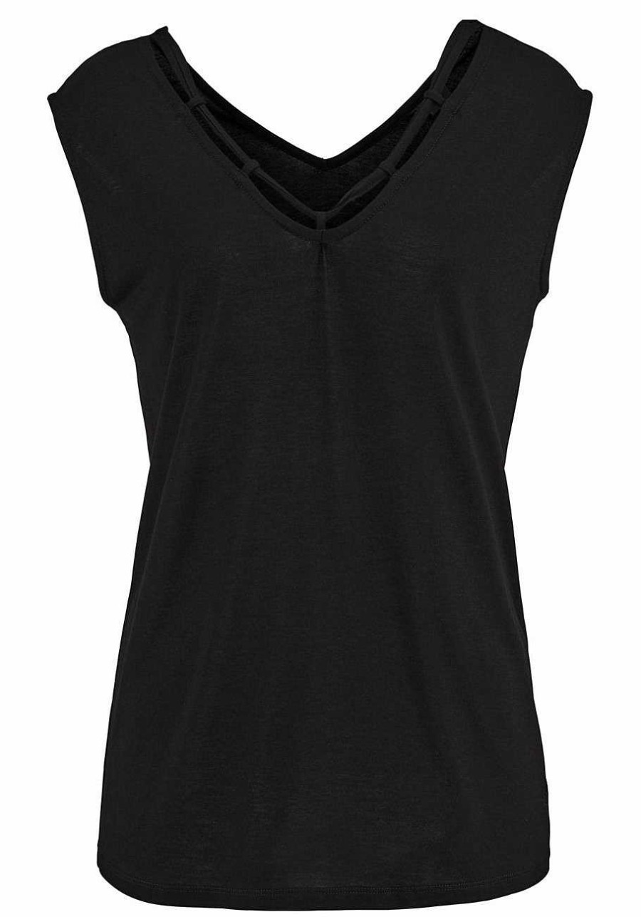 Clothing Lascana Short Sleeve Tops | Cord Detail V-Neck Top Black