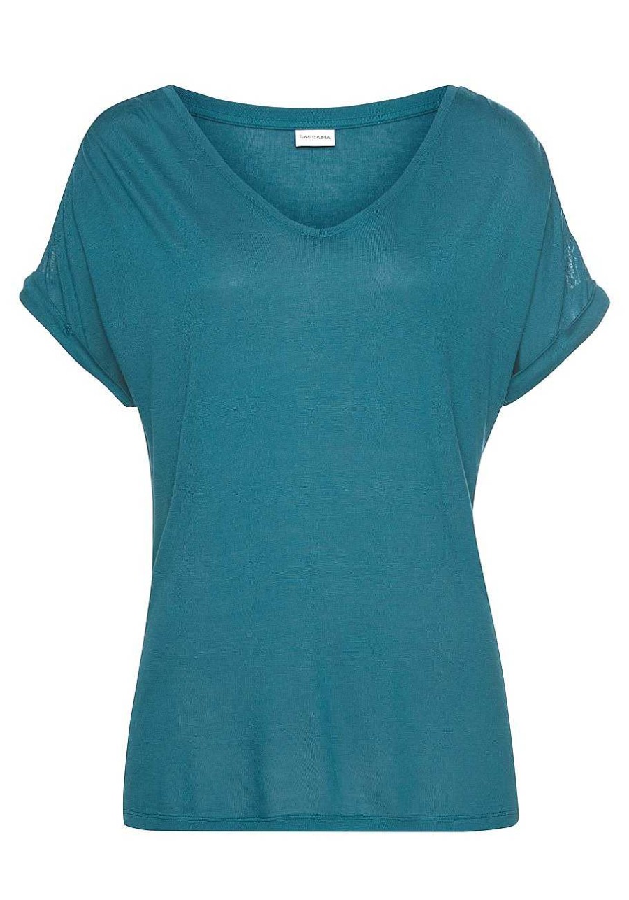 Clothing Lascana Short Sleeve Tops | Crochet Insert V-Neck Top Teal